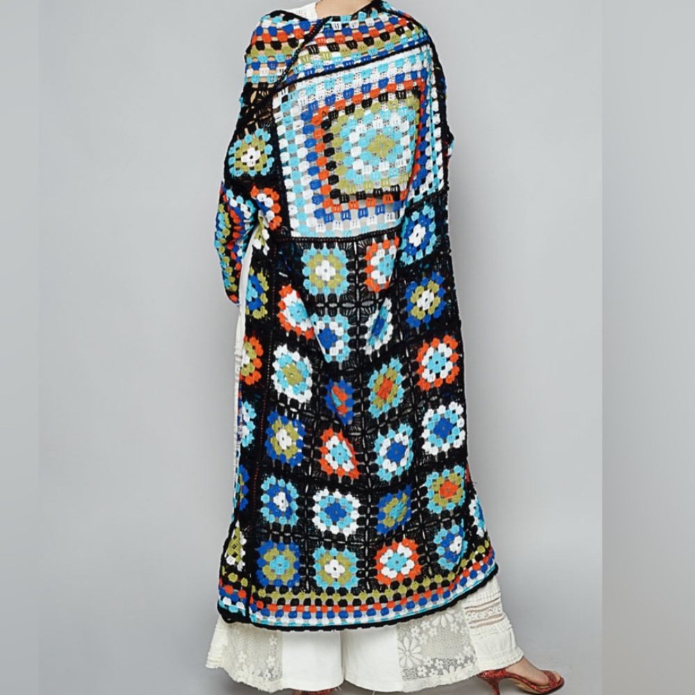 788. POL NEW MULTICOLOR CROCHET CARDIGAN SWEATER DUSTER black boho bohemian - Picture 5 of 6